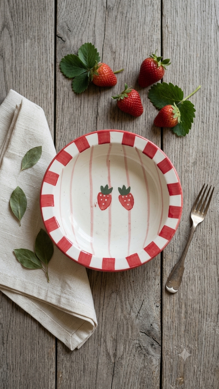 Handmade Pasta Plate- Red Strawberry Strip