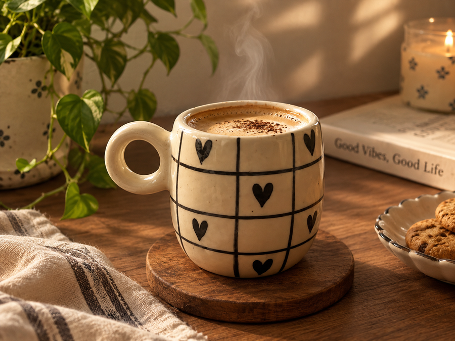 Handmade Ceramics - Black Heart Checks Mug