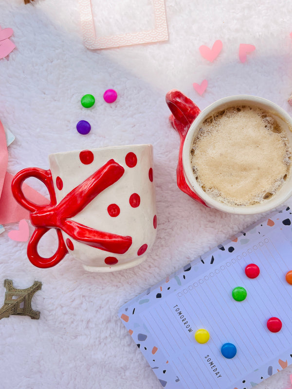 best handmade mugs- red ribbon handle