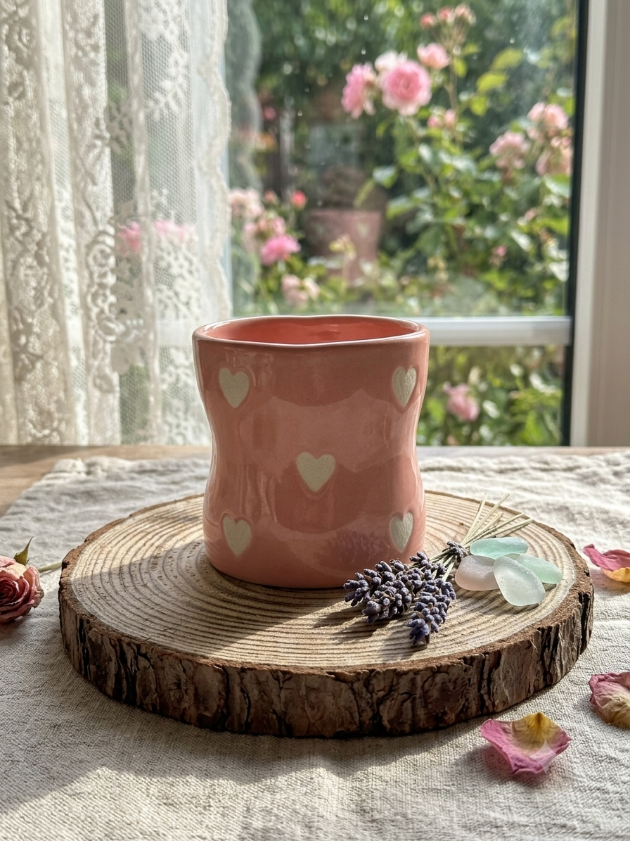 Ceramic Handmade Pinch Glass- Pink White Heart