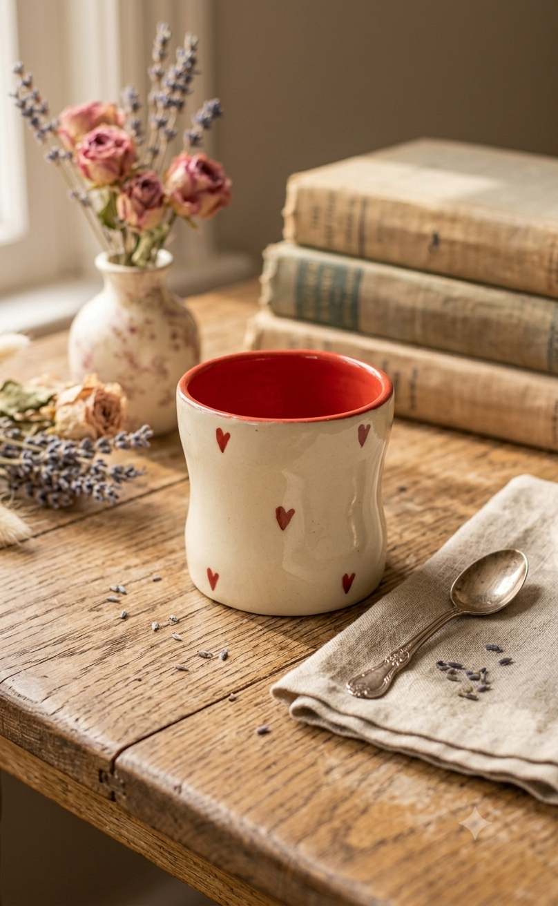Ceramic Handmade Pinch Glass- White Red Heart
