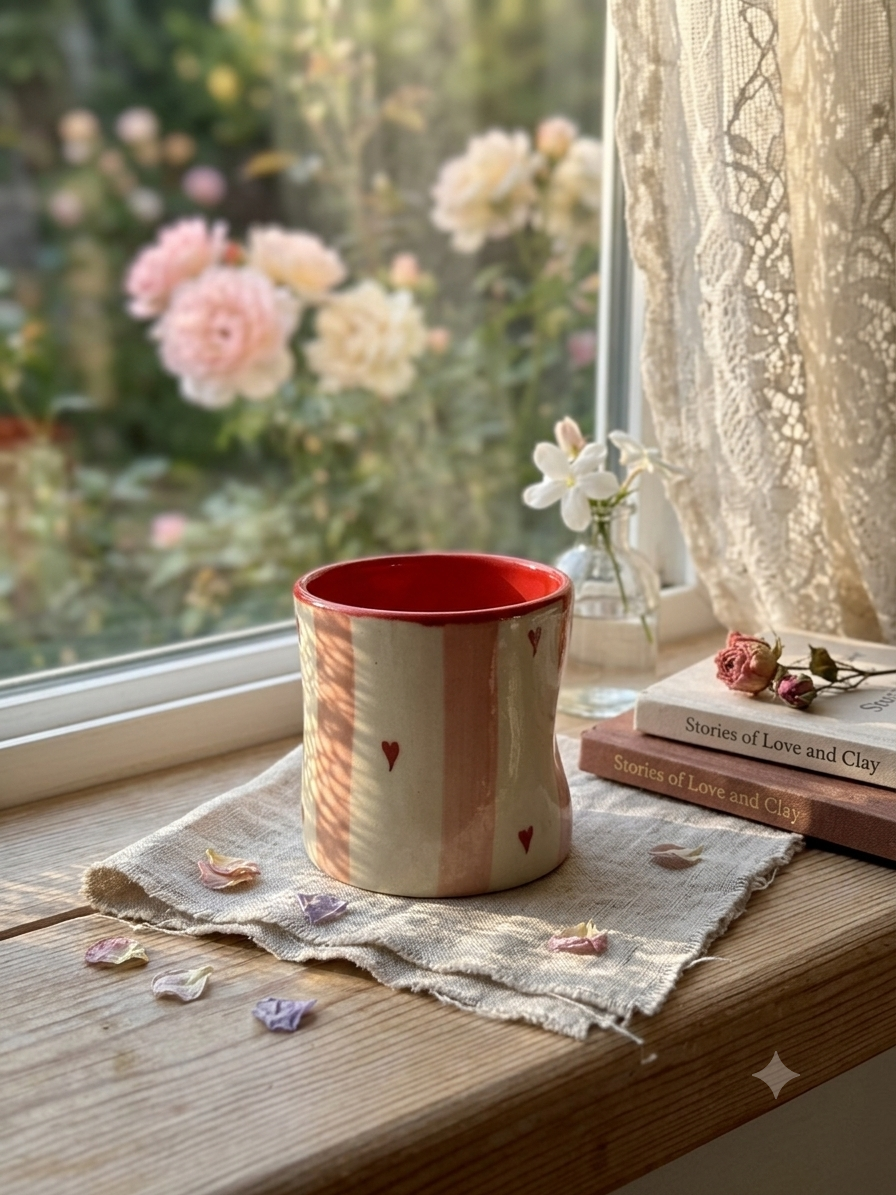 Ceramic Handmade Pinch Glass- Red Heart Stripe