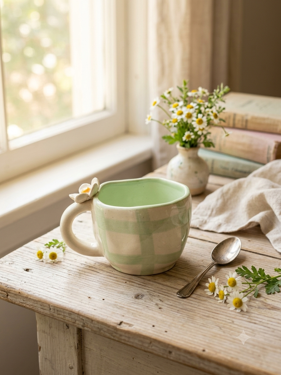 Handmade Ceramic Mug- Green Daisy Checks