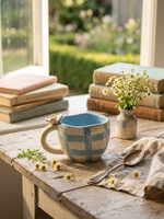 Handmade Ceramic Mug- Blue Daisy Checks image 1