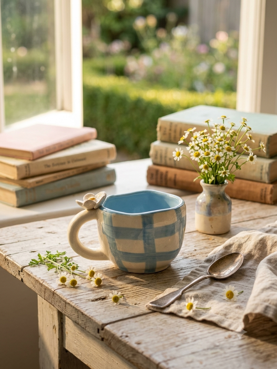 Handmade Ceramic Mug- Blue Daisy Checks