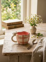 Handmade Ceramic Mug- Pink Daisy Checks image 1