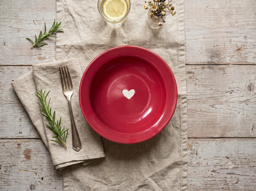Ceramic Handmade Plate- Red White Heart