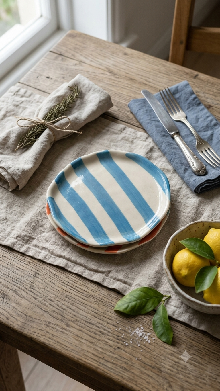Handmade Ceramic Serving Plate - Blue Strip