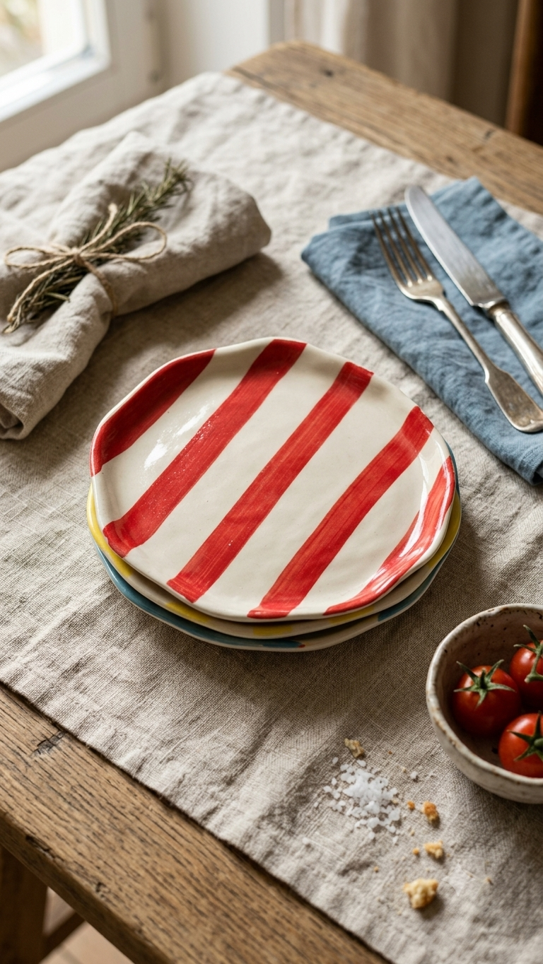 Handmade Ceramic Serving Plate - Red Strip