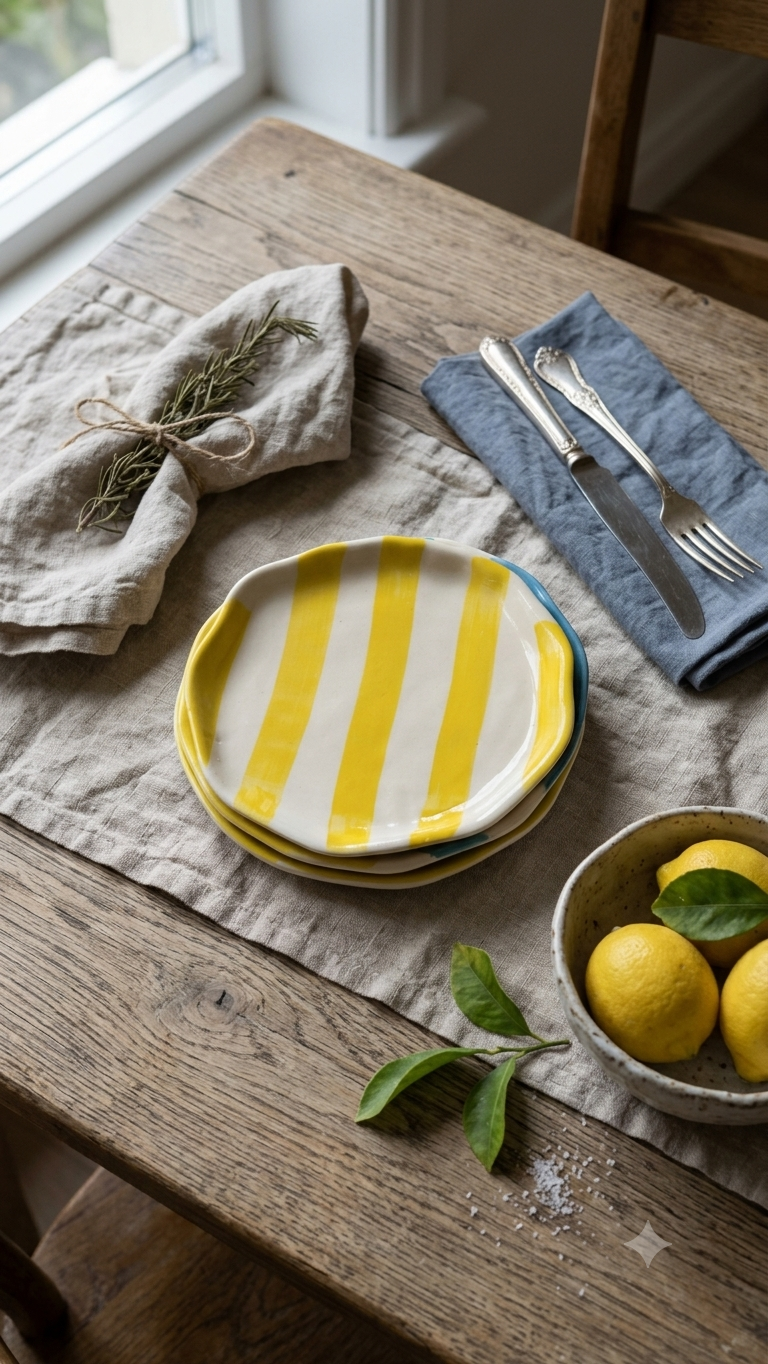 Handmade Ceramic Serving Plate - Yellow Strip