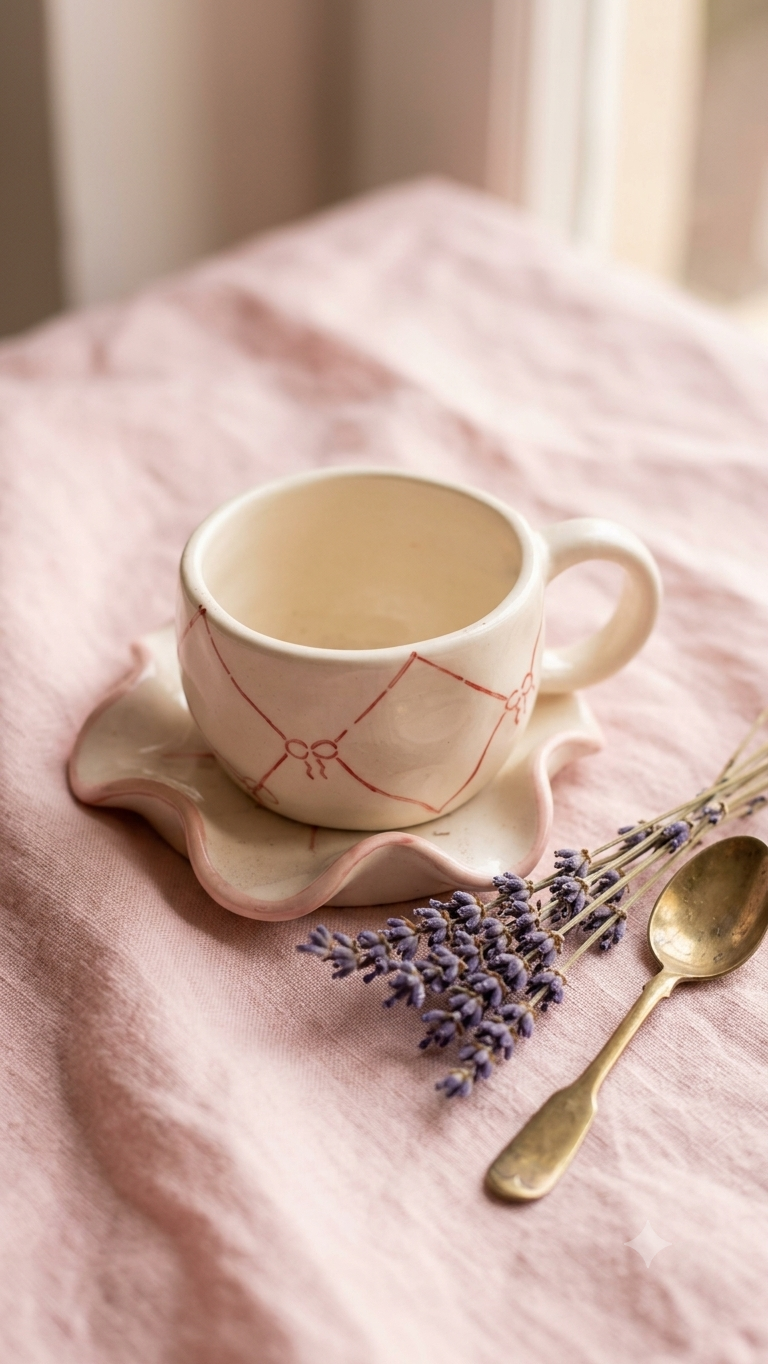 Handmade Ceramic - Bow Stripe Mug With Saucer