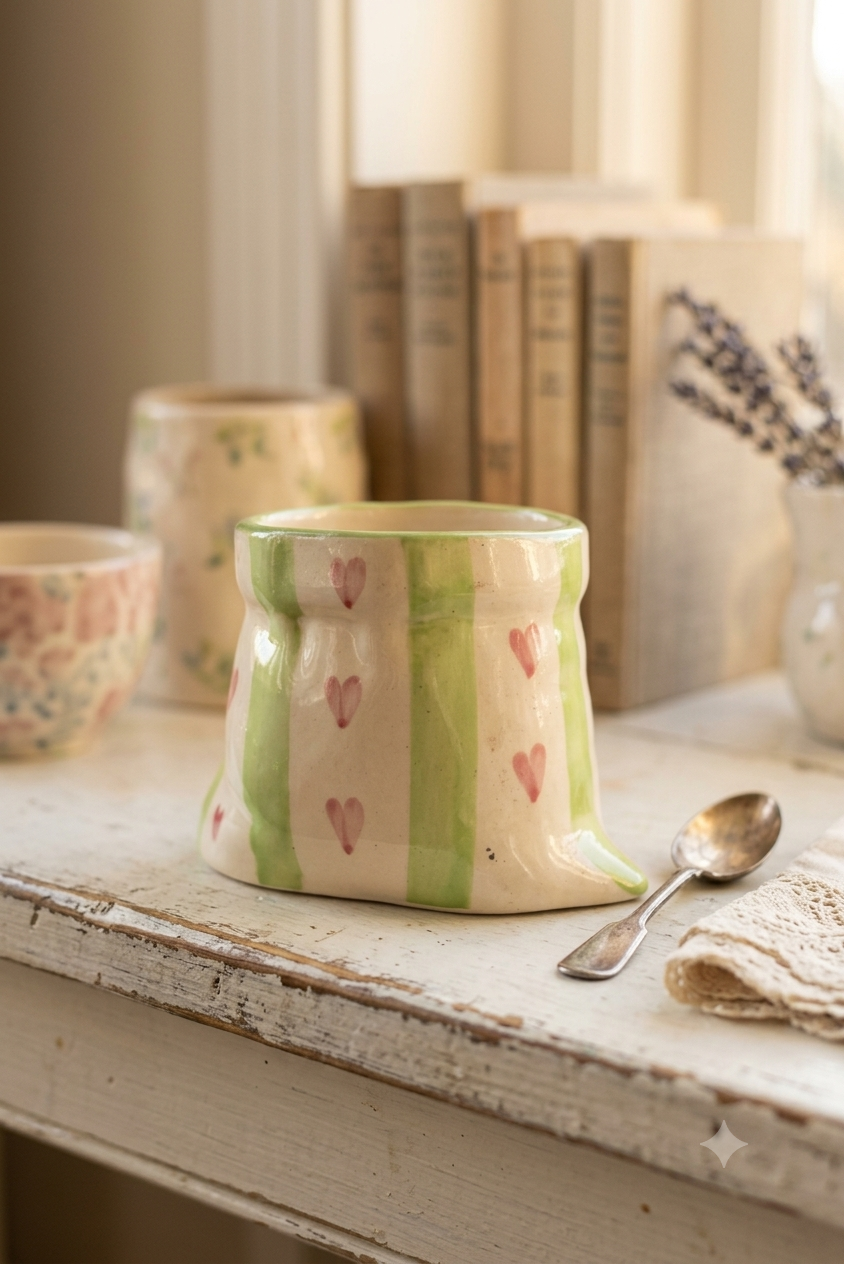 Handmade Ceramic - Green Red Heart Pouch Mug