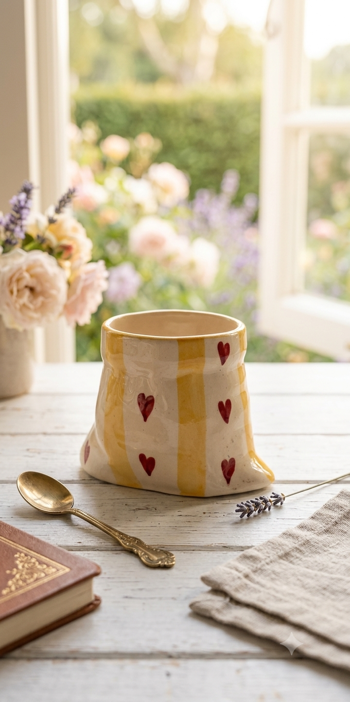 Handmade Ceramic - Yellow Red Heart Pouch Mug