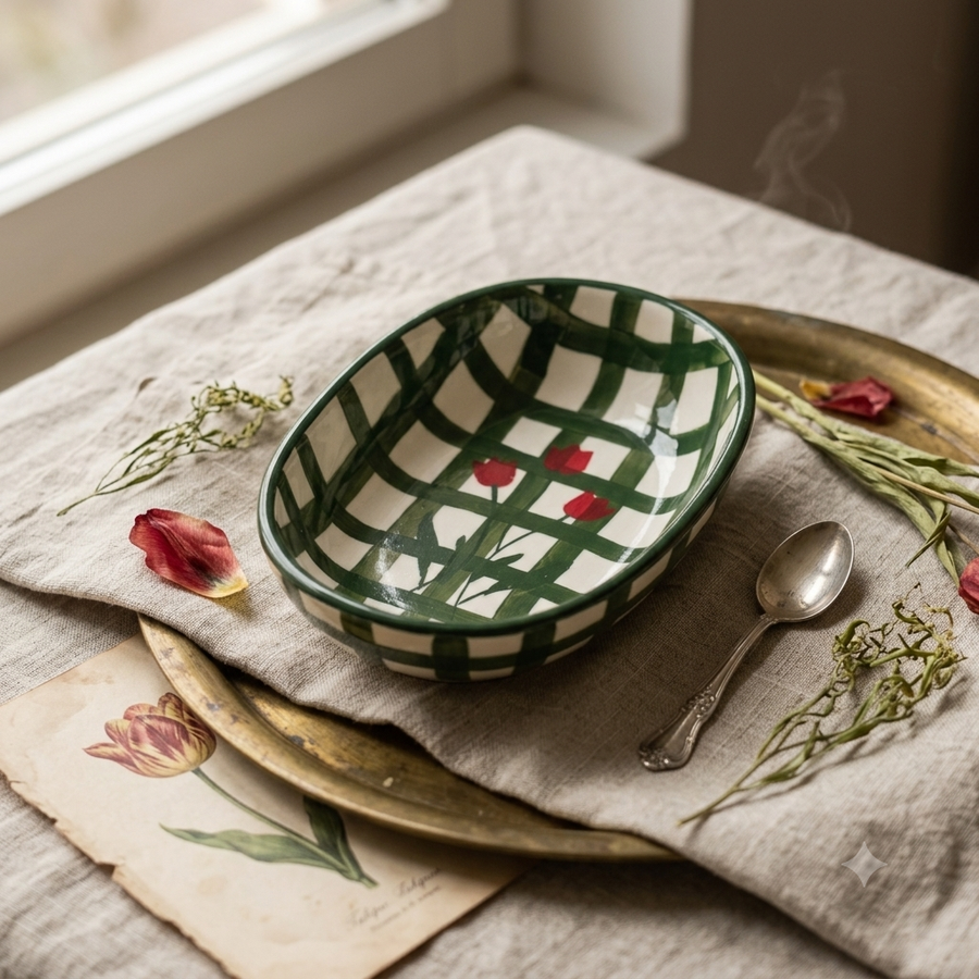 Cute Handmade Ceramic - Green Tulip Quarter plate