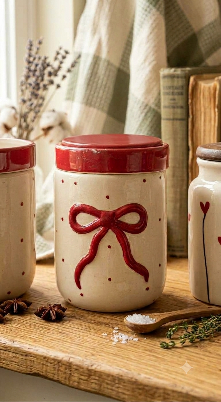 Best Handmade Ceramic - Cute Red Bow Jar
