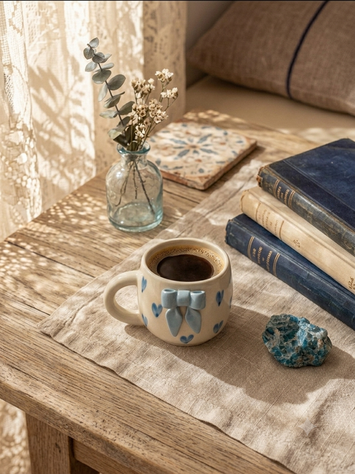 cute handmade coffee mug- blue heart & bow