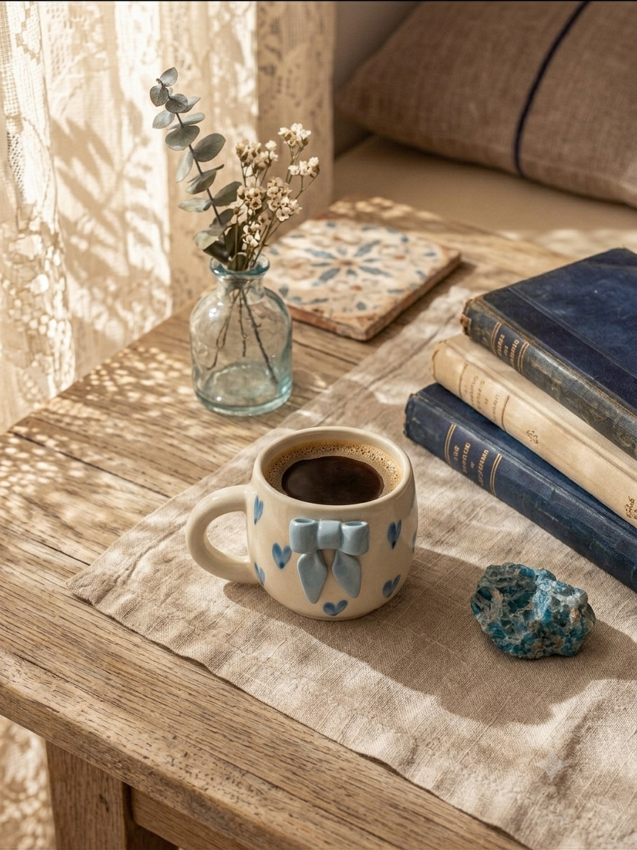 cute handmade coffee mug- blue heart & bow