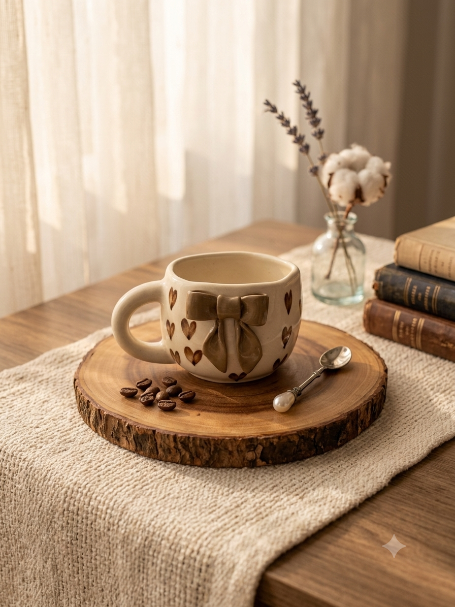 cute handmade mug- brown bow