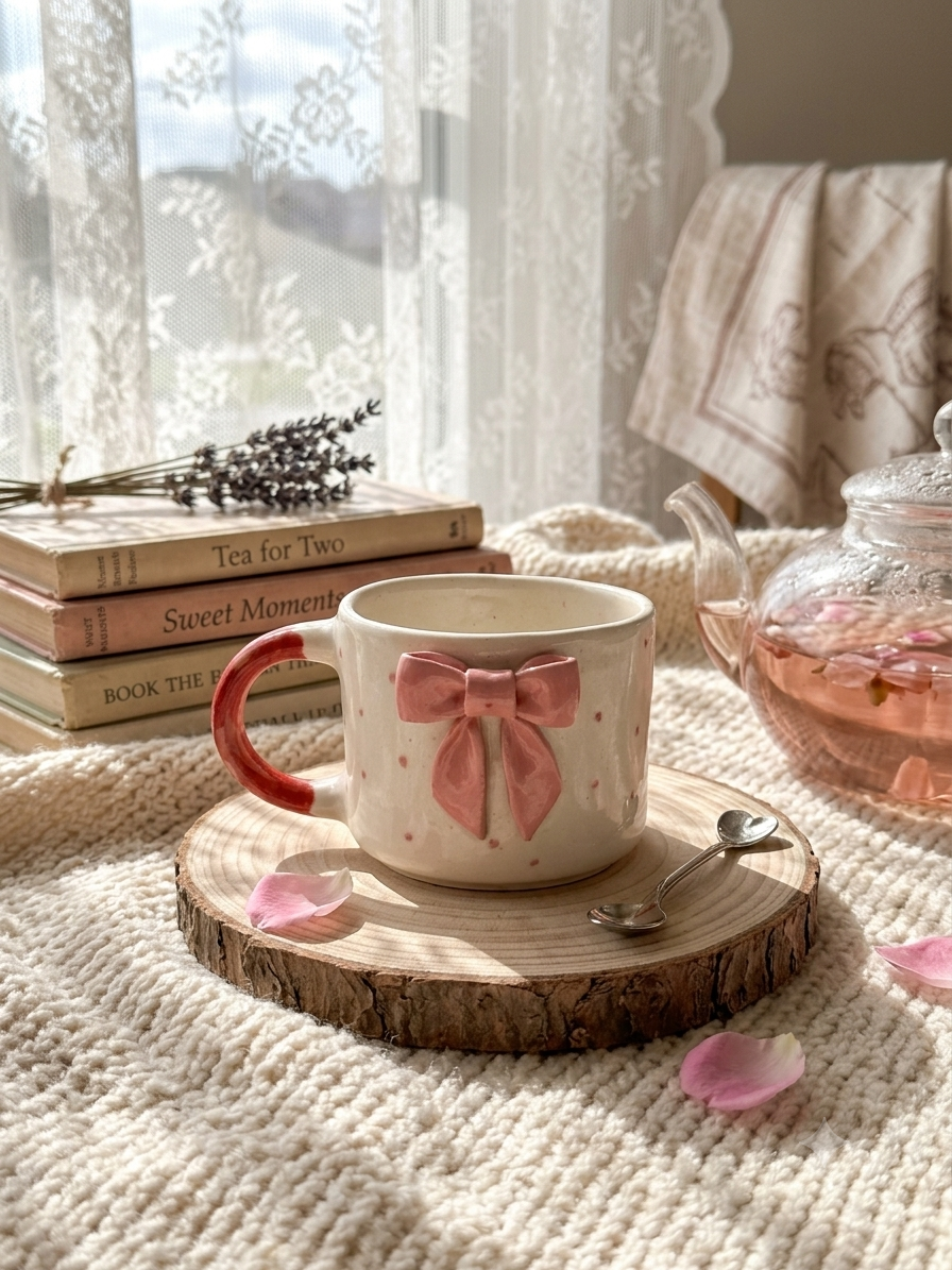 cute handmade mug- pink bow