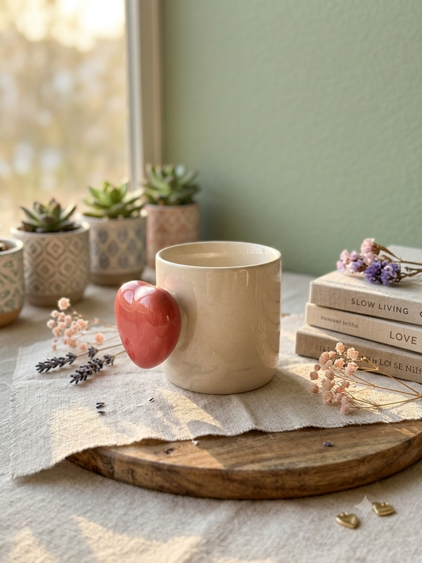 cute handmade mug- pink heart handle