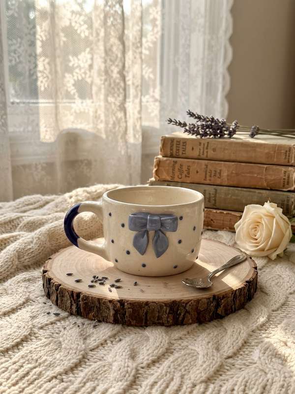handmade ceramic coffee mugs- blue ribbon