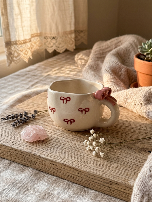handmade ceramic mugs- pink small ribbon