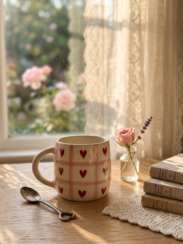handmade ceramics - Red heart checks mug