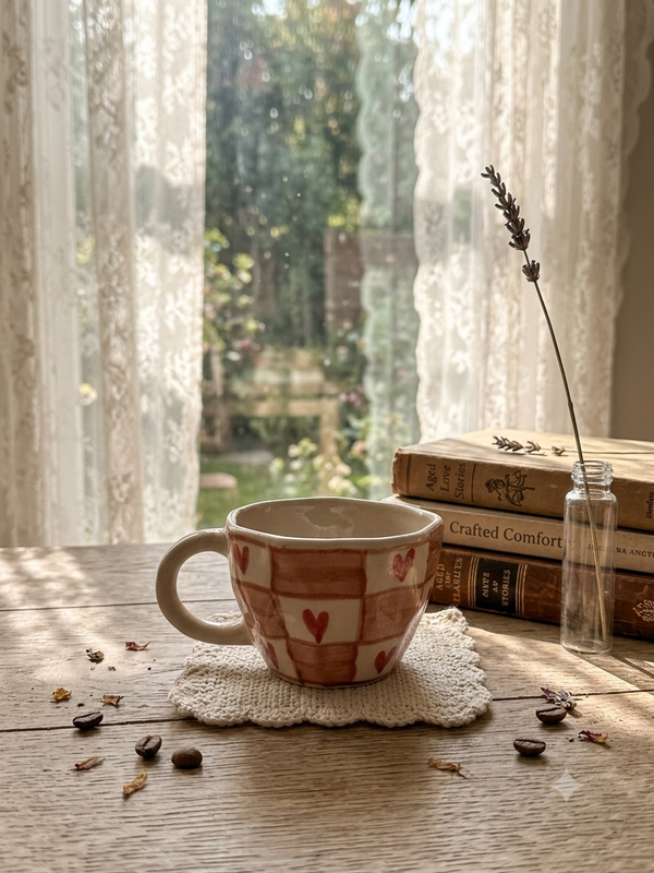 handmade coffee mug- red heart checks