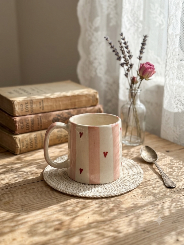 handmade mugs- red heart strips