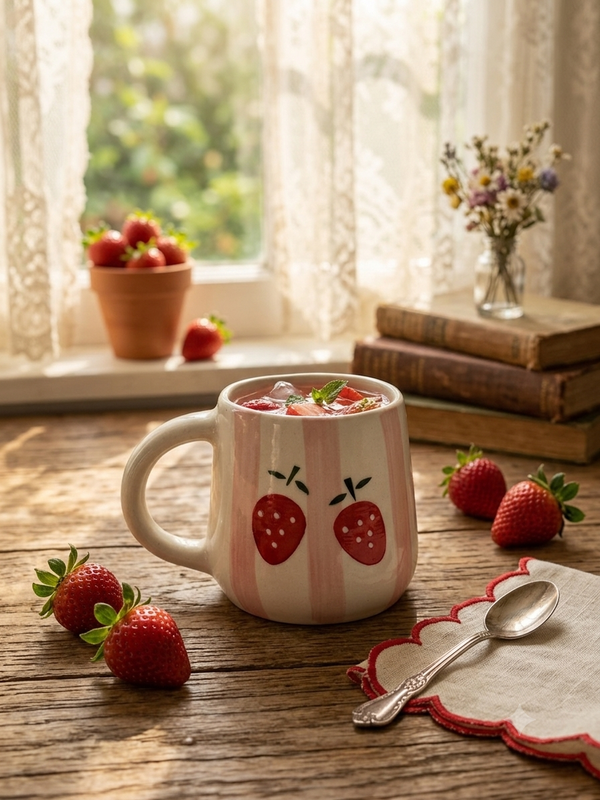 Handmade mugs- red strawberry strip