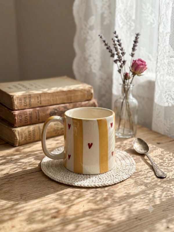 Handmade mugs- yellow red heart strips